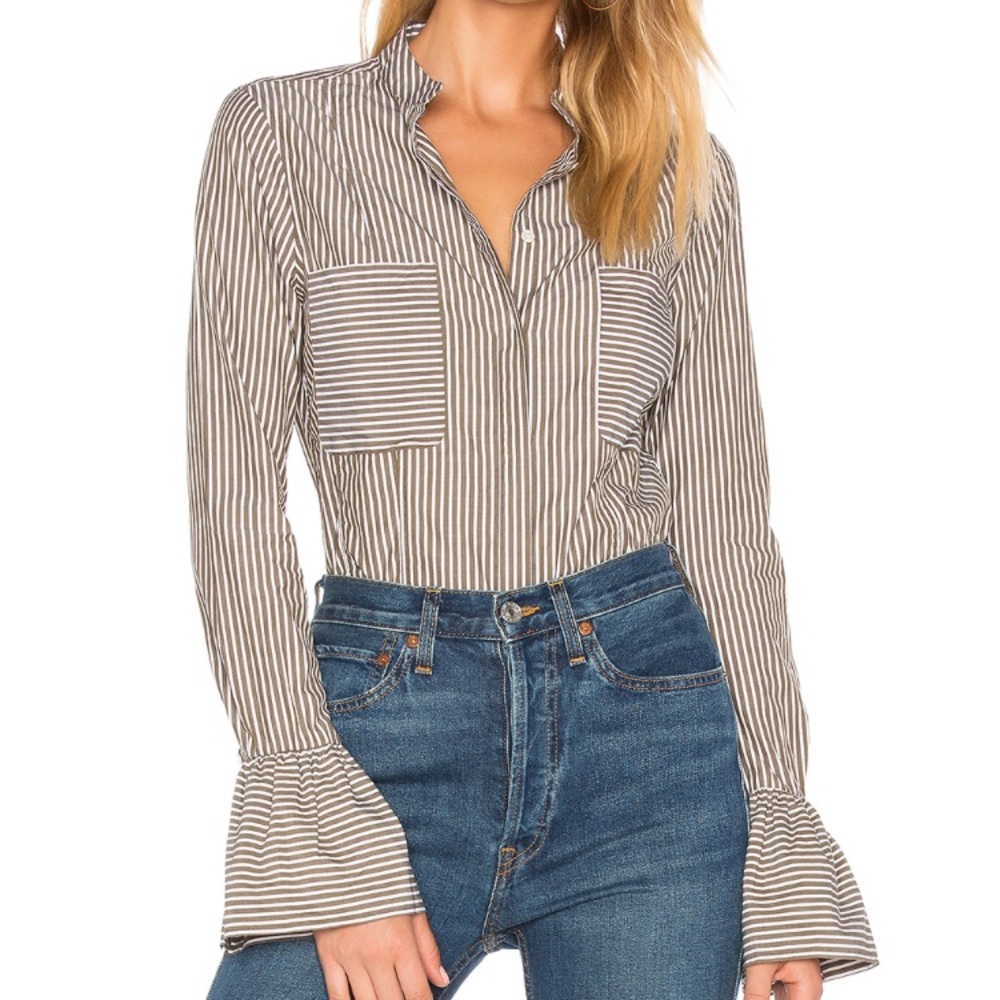 NWOT FRAME Denim Sage & Blanc Striped Fitted Blouse